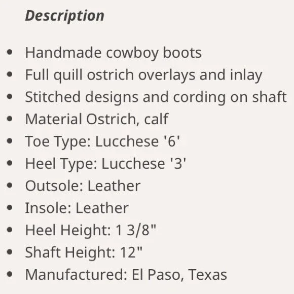 Lucchese 100% Leather full Quill Ostrich Brown Western Cowboy Boots 8